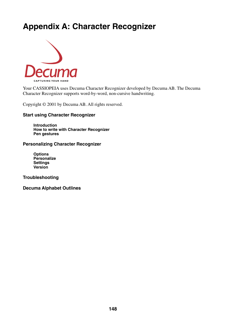 Appendix a: character recognizer | Casio BE-300 User Manual | Page 148 / 163