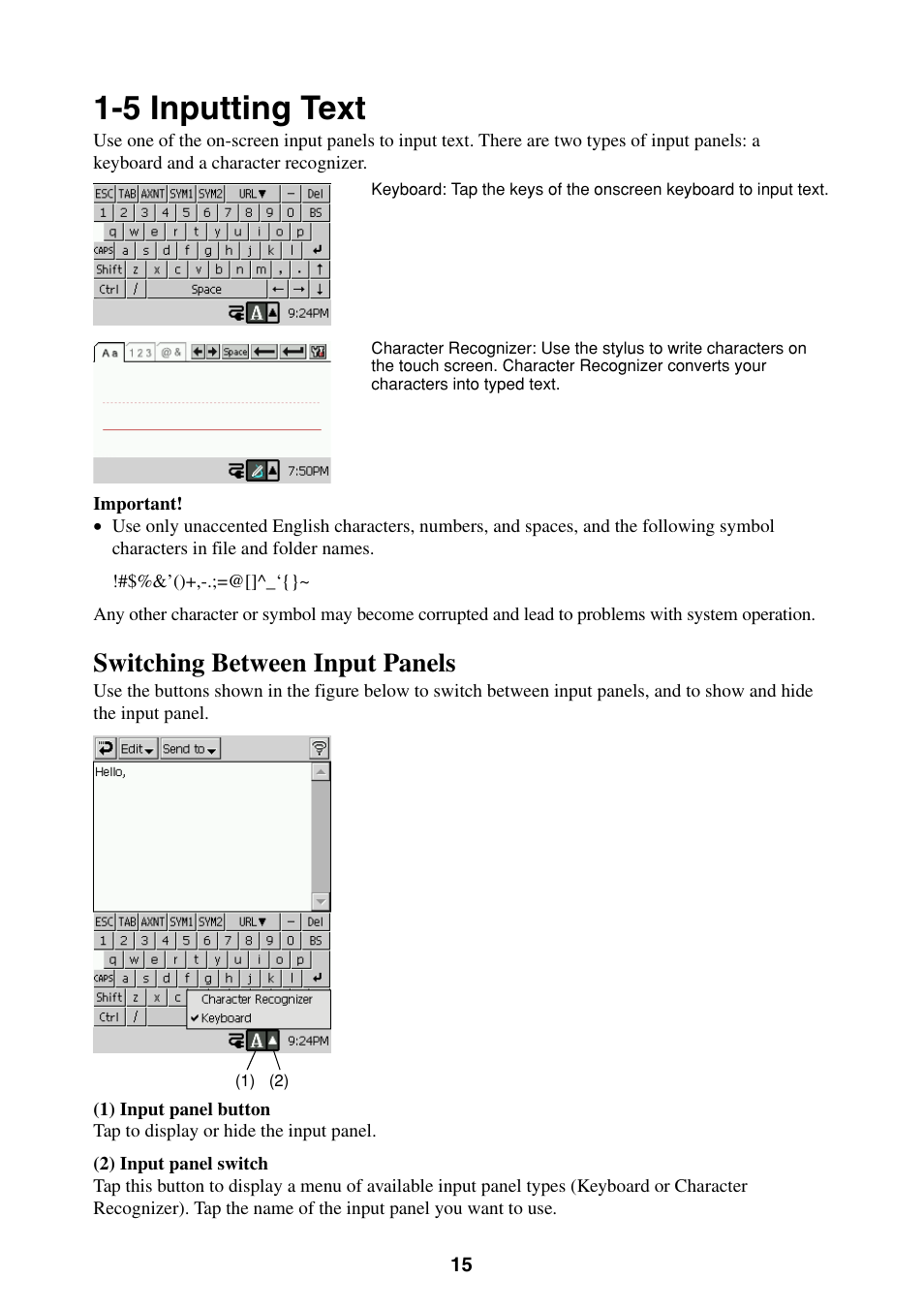 5 inputting text, Switching between input panels | Casio BE-300 User Manual | Page 15 / 163