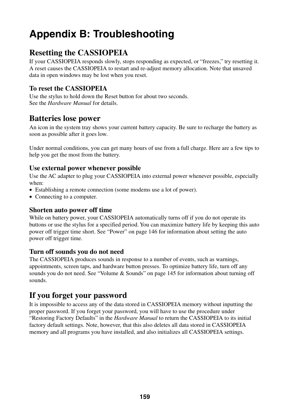 Appendix b: troubleshooting, Resetting the cassiopeia, Batteries lose power | If you forget your password | Casio BE-300 User Manual | Page 159 / 163