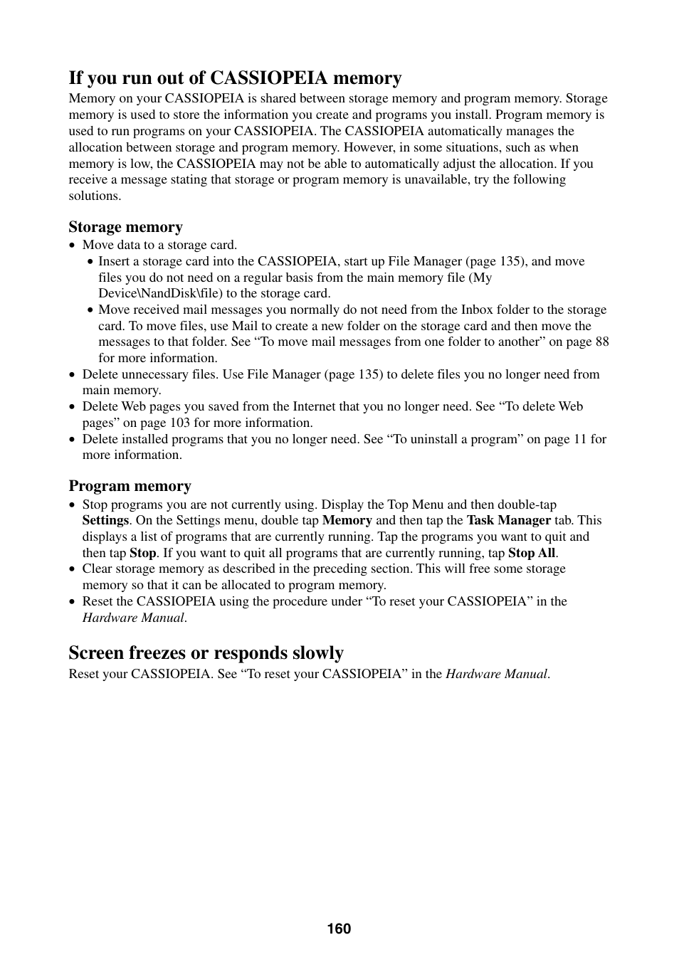 Screen freezes or responds slowly | Casio BE-300 User Manual | Page 160 / 163