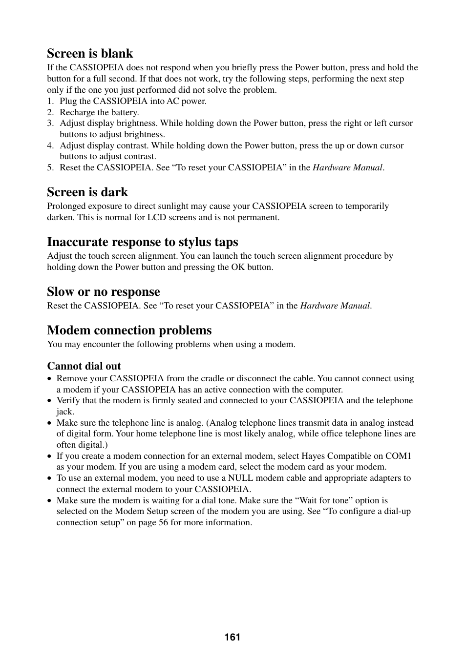 Screen is blank, Screen is dark, Inaccurate response to stylus taps | Slow or no response, Modem connection problems | Casio BE-300 User Manual | Page 161 / 163