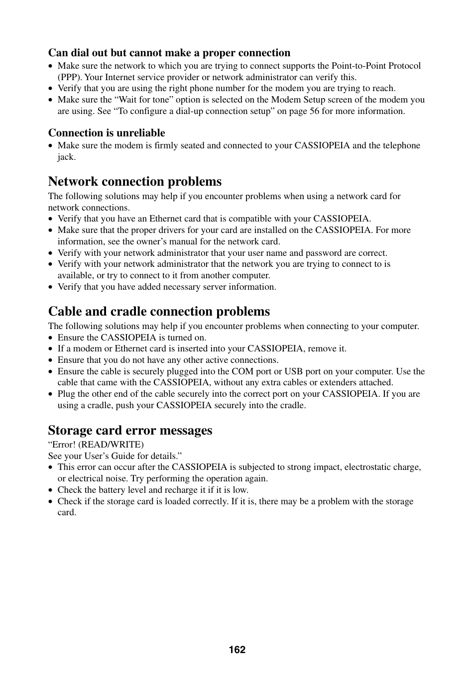 Network connection problems, Cable and cradle connection problems, Storage card error messages | Casio BE-300 User Manual | Page 162 / 163