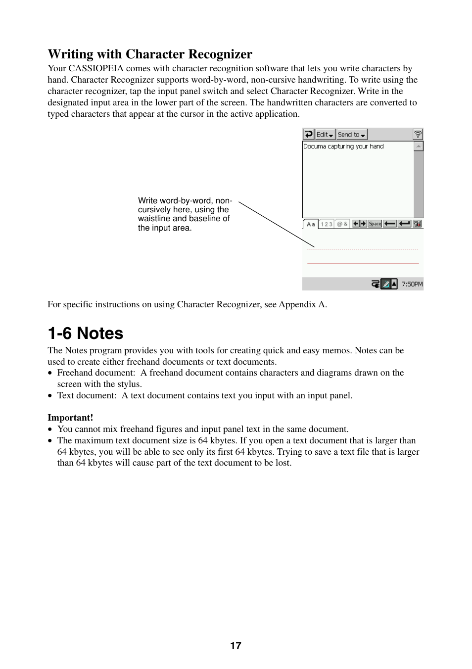 6 notes, Writing with character recognizer | Casio BE-300 User Manual | Page 17 / 163