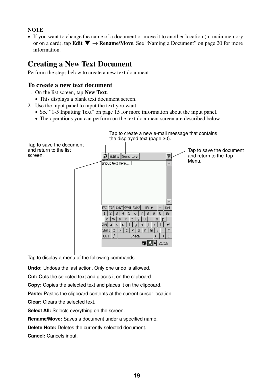 Creating a new text document | Casio BE-300 User Manual | Page 19 / 163