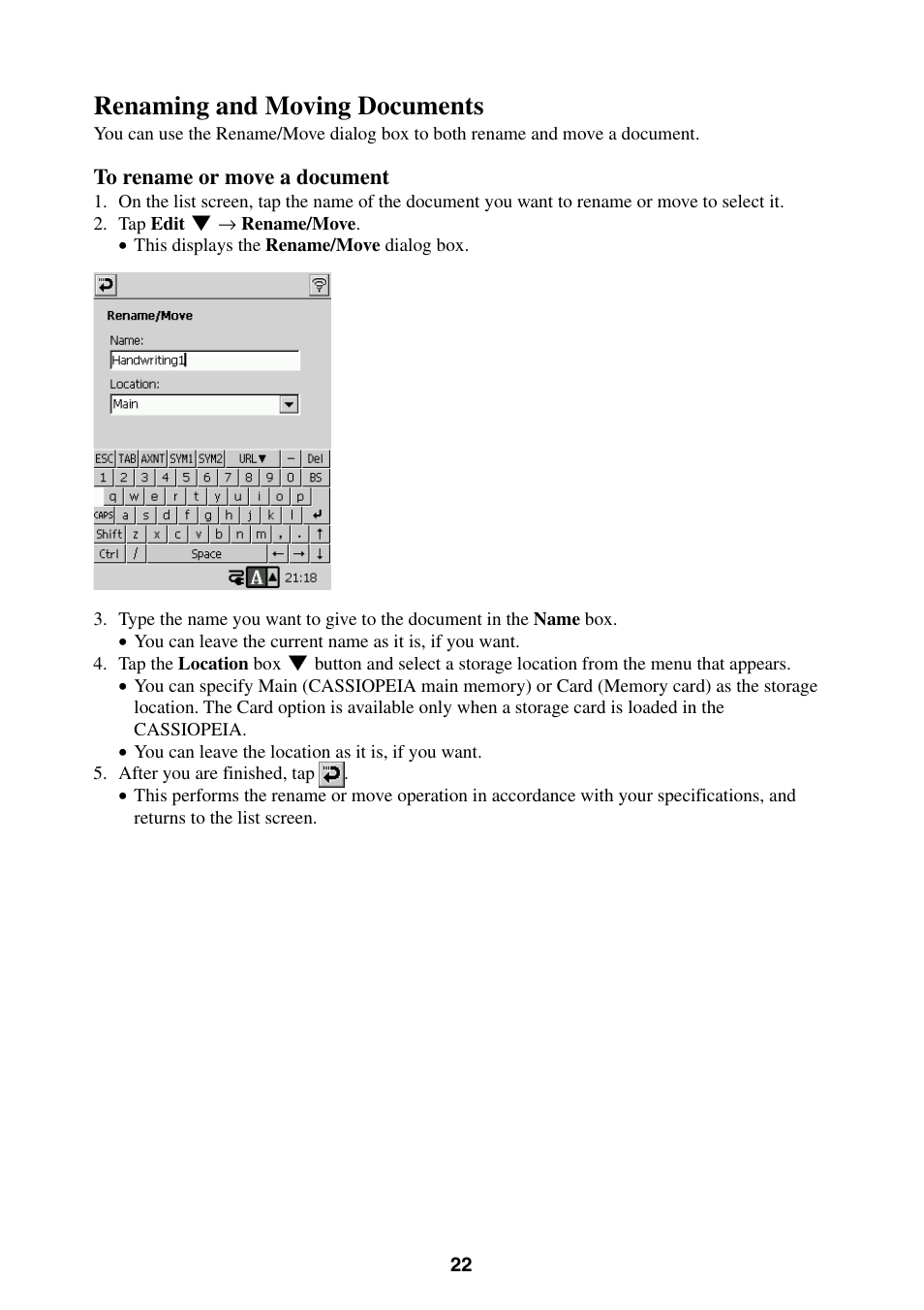 Renaming and moving documents | Casio BE-300 User Manual | Page 22 / 163