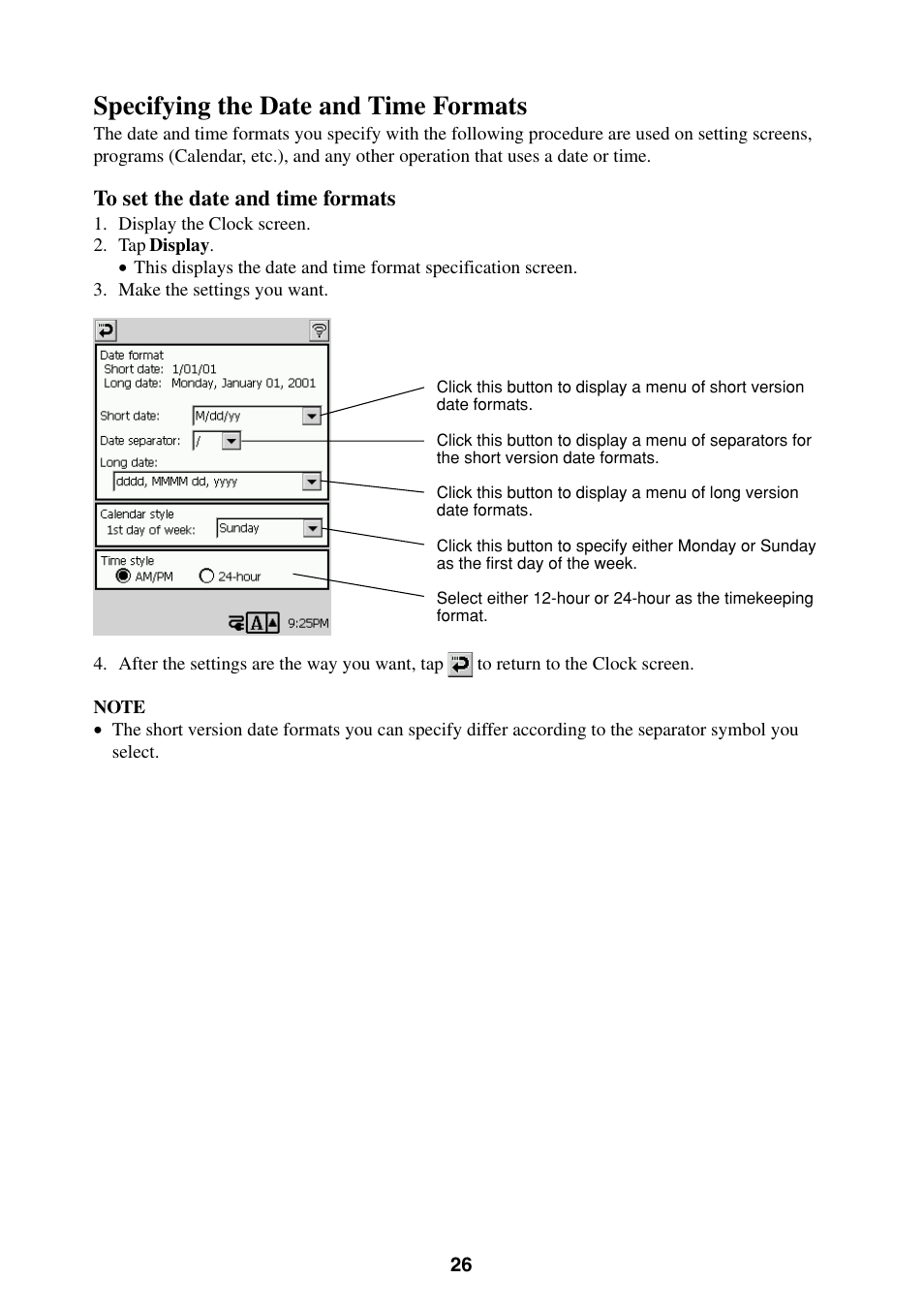 Specifying the date and time formats | Casio BE-300 User Manual | Page 26 / 163