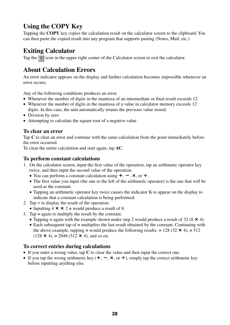 Using the copy key, Exiting calculator, About calculation errors | Casio BE-300 User Manual | Page 28 / 163