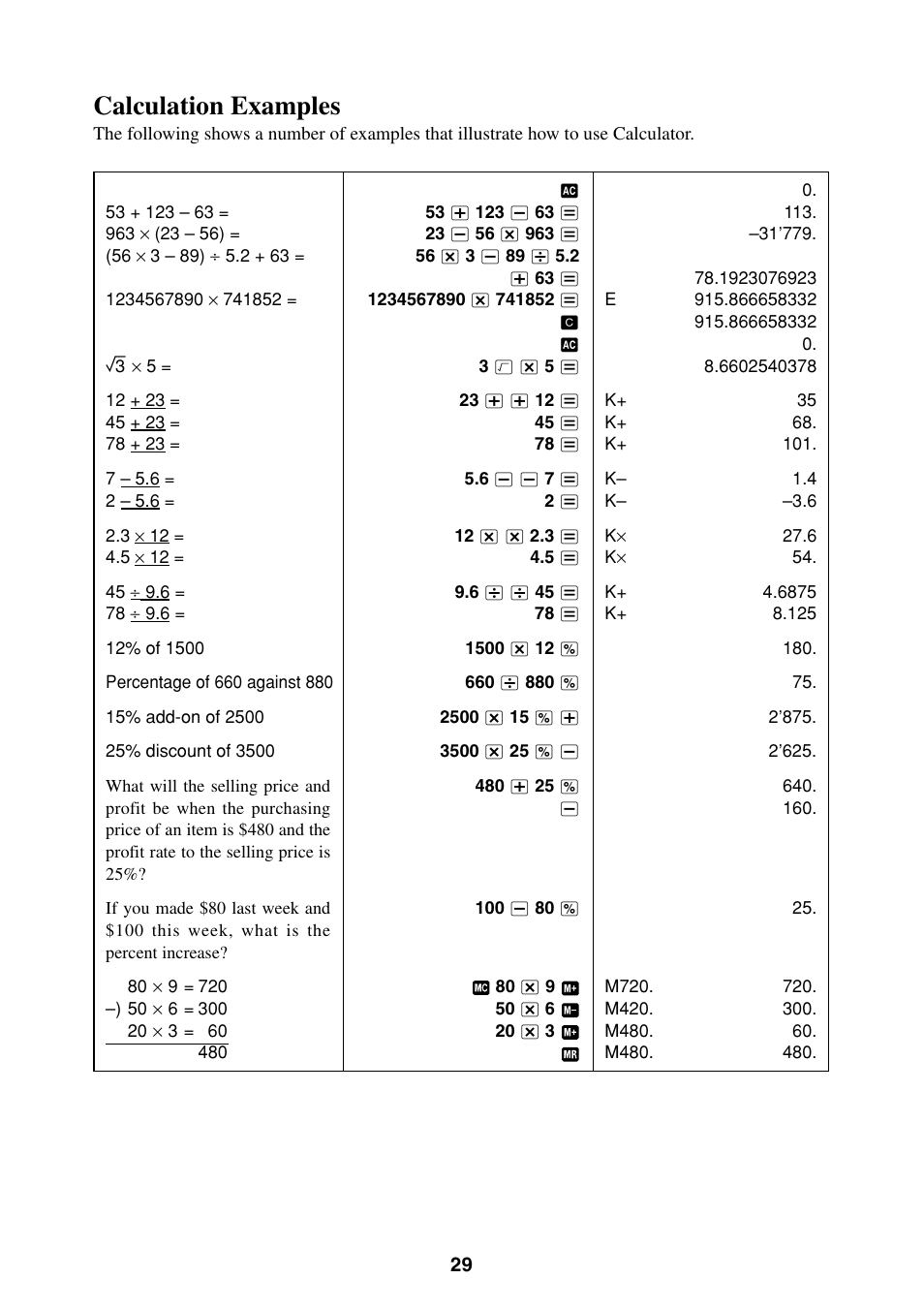 Calculation examples | Casio BE-300 User Manual | Page 29 / 163