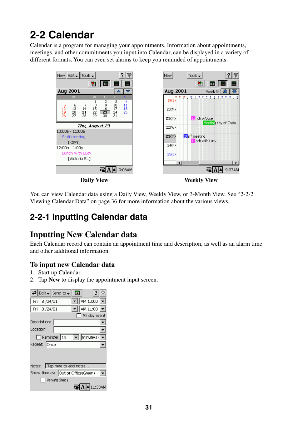 2 calendar, 2-1 inputting calendar data, Inputting new calendar data | Casio BE-300 User Manual | Page 31 / 163