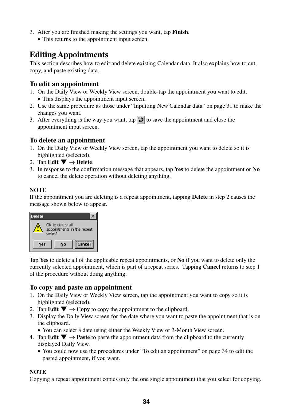 Editing appointments | Casio BE-300 User Manual | Page 34 / 163