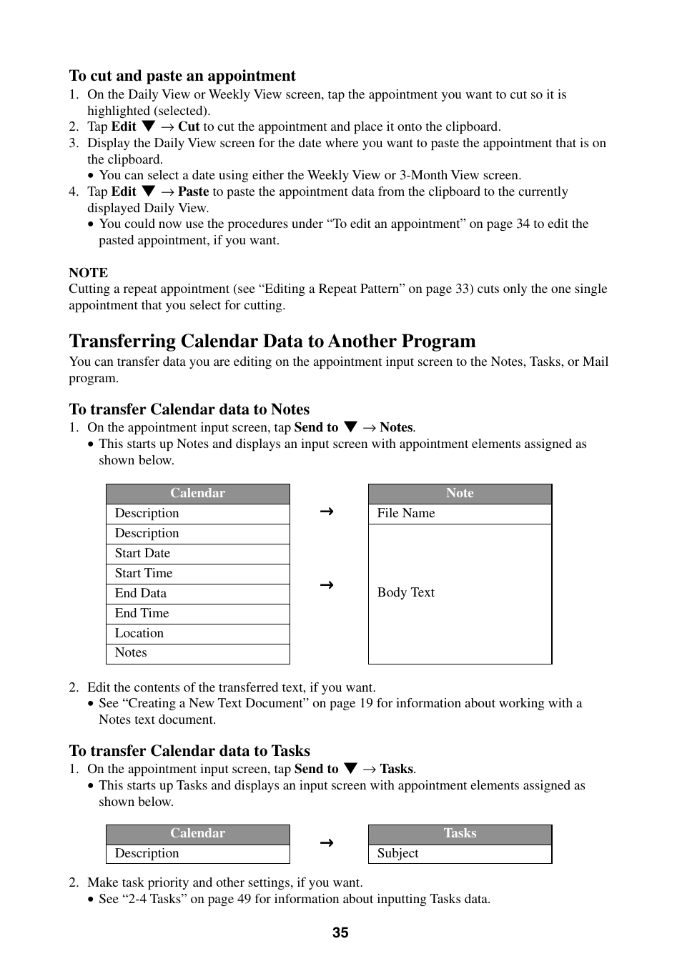 Transferring calendar data to another program | Casio BE-300 User Manual | Page 35 / 163