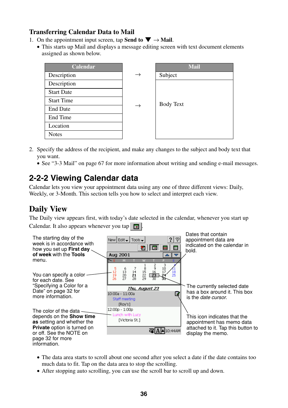 2-2 viewing calendar data, Daily view | Casio BE-300 User Manual | Page 36 / 163