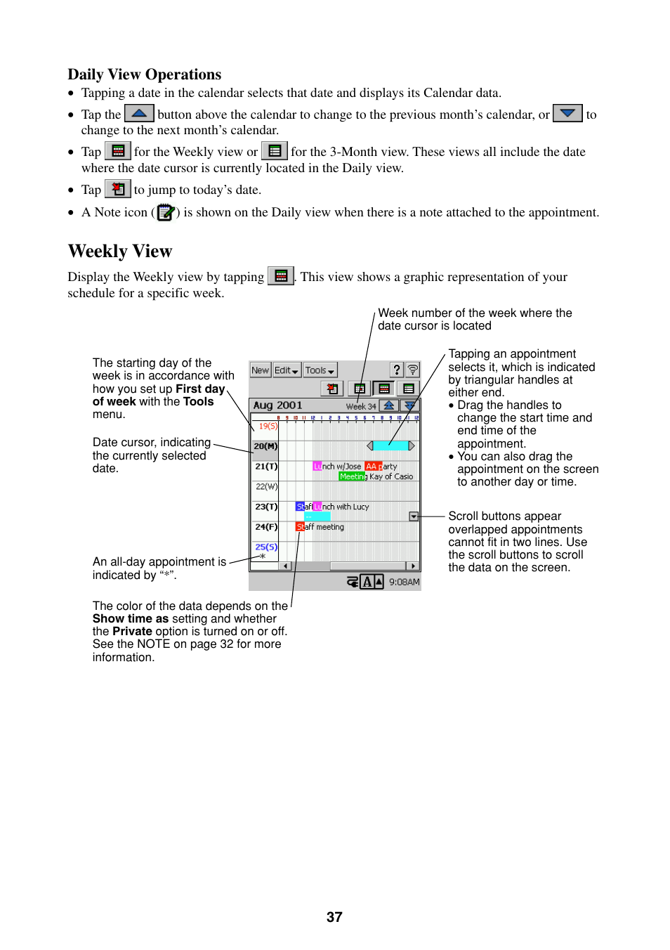 Weekly view | Casio BE-300 User Manual | Page 37 / 163