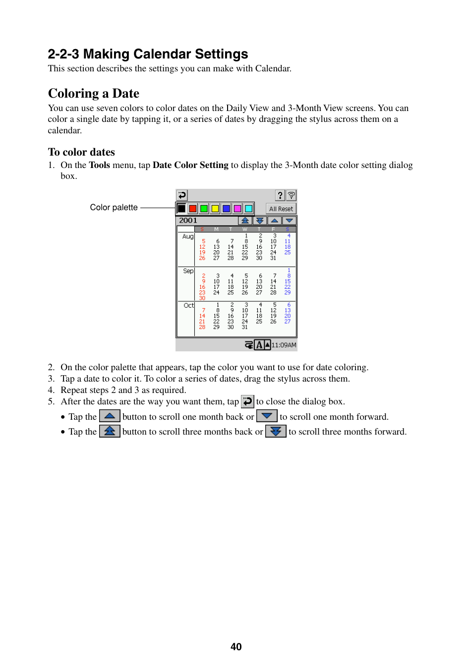 2-3 making calendar settings, Coloring a date | Casio BE-300 User Manual | Page 40 / 163