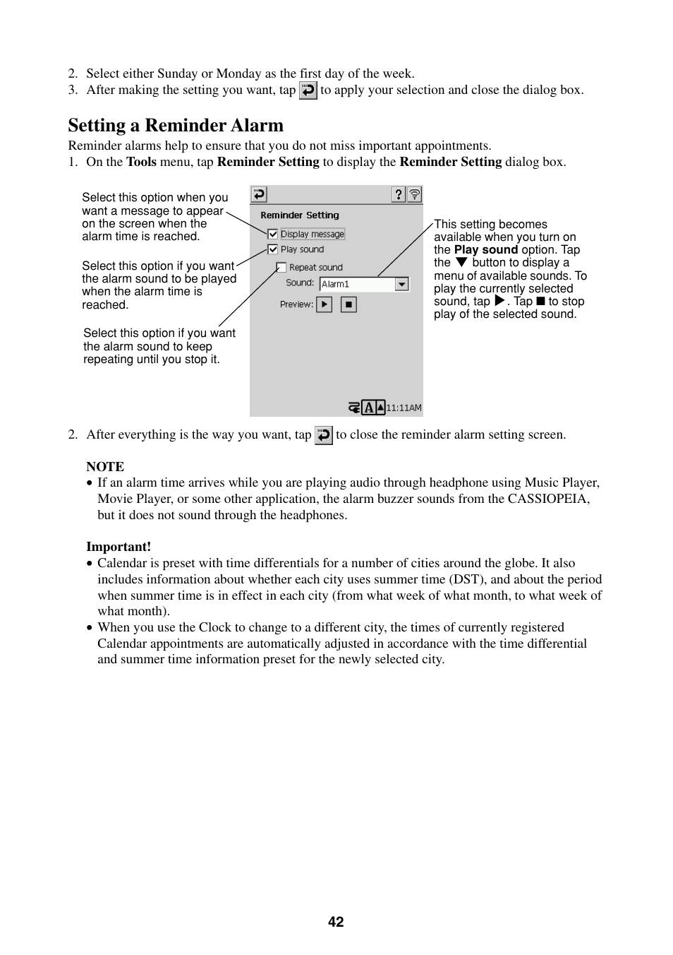 Setting a reminder alarm | Casio BE-300 User Manual | Page 42 / 163