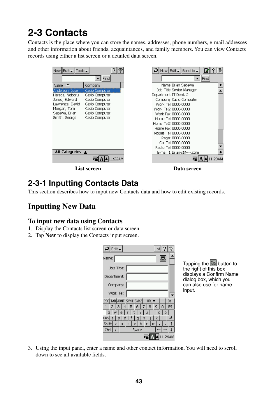 3 contacts, 3-1 inputting contacts data, Inputting new data | Casio BE-300 User Manual | Page 43 / 163