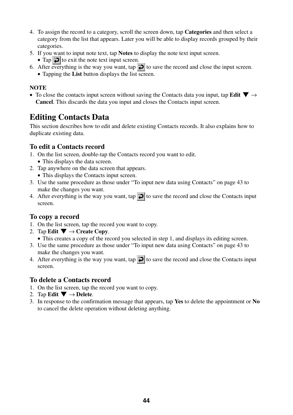 Editing contacts data | Casio BE-300 User Manual | Page 44 / 163