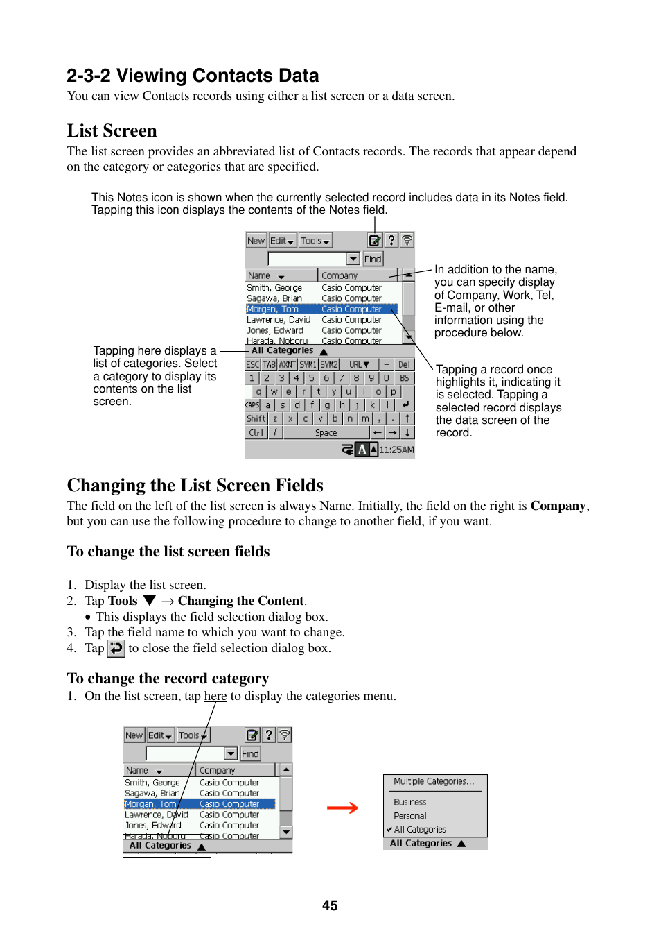 3-2 viewing contacts data, List screen changing the list screen fields, List screen | Changing the list screen fields | Casio BE-300 User Manual | Page 45 / 163