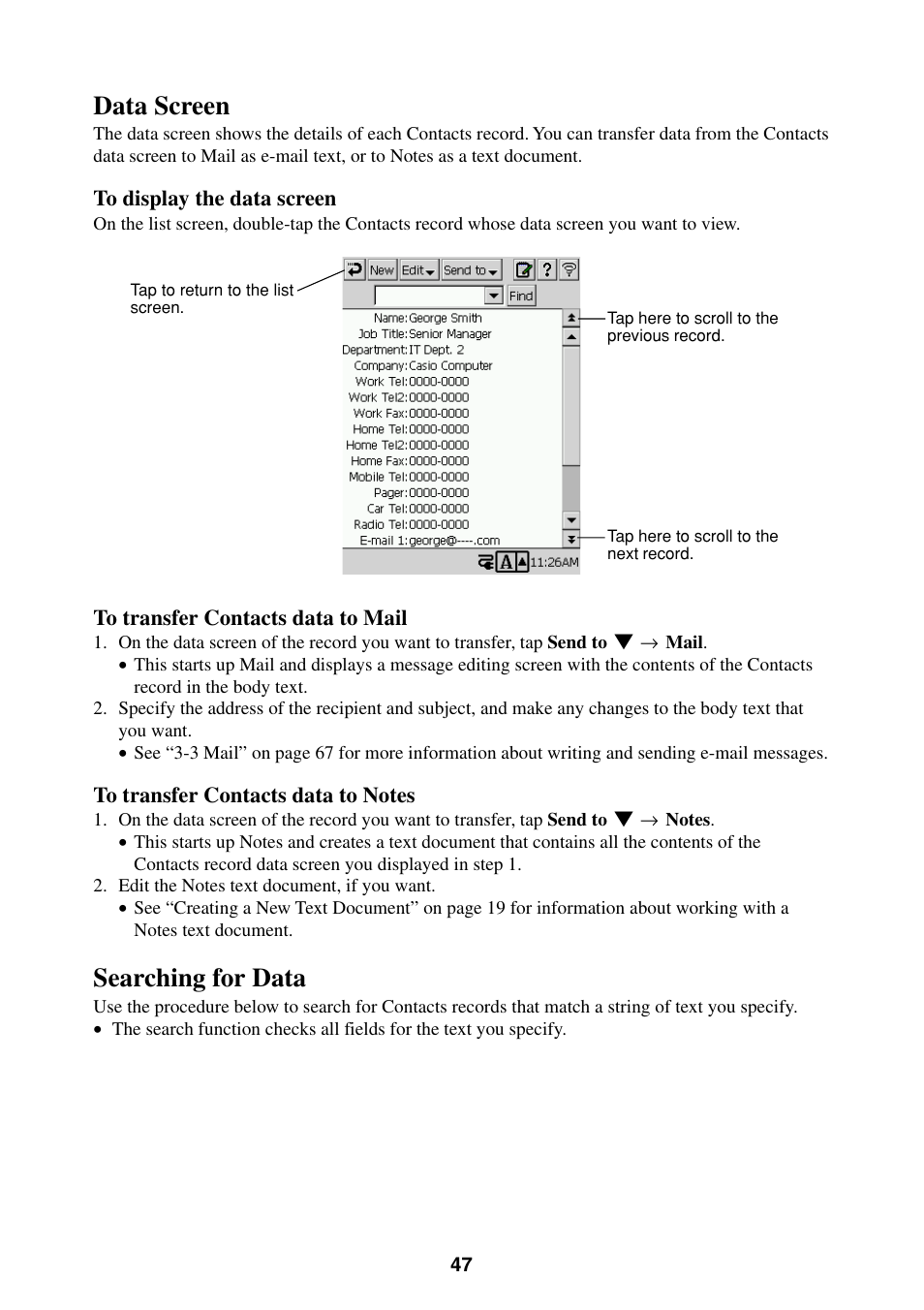 Data screen searching for data, Data screen, Searching for data | Casio BE-300 User Manual | Page 47 / 163