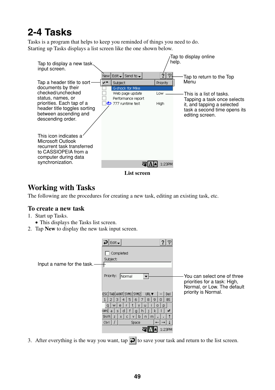 4 tasks, Working with tasks | Casio BE-300 User Manual | Page 49 / 163