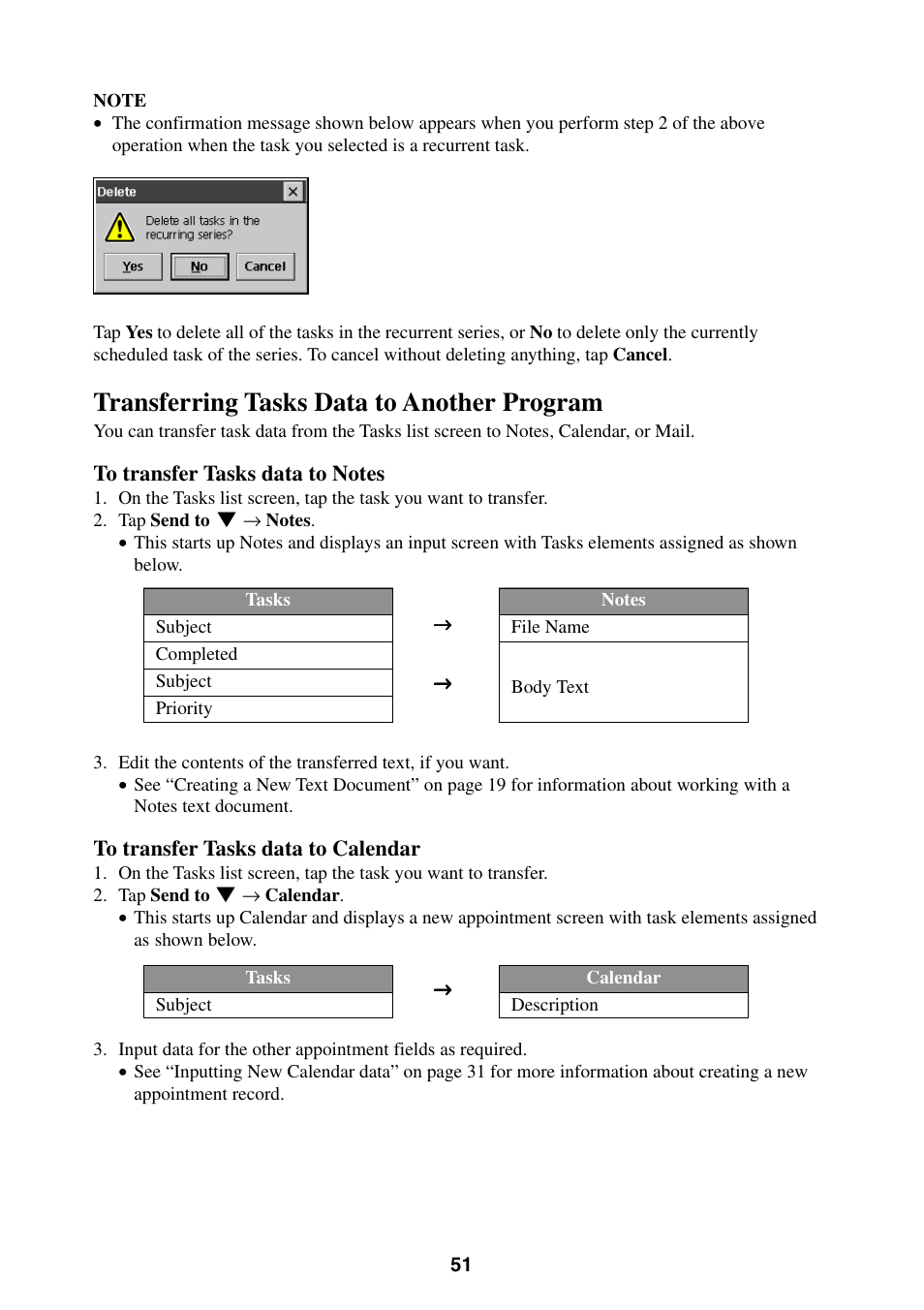 Transferring tasks data to another program | Casio BE-300 User Manual | Page 51 / 163