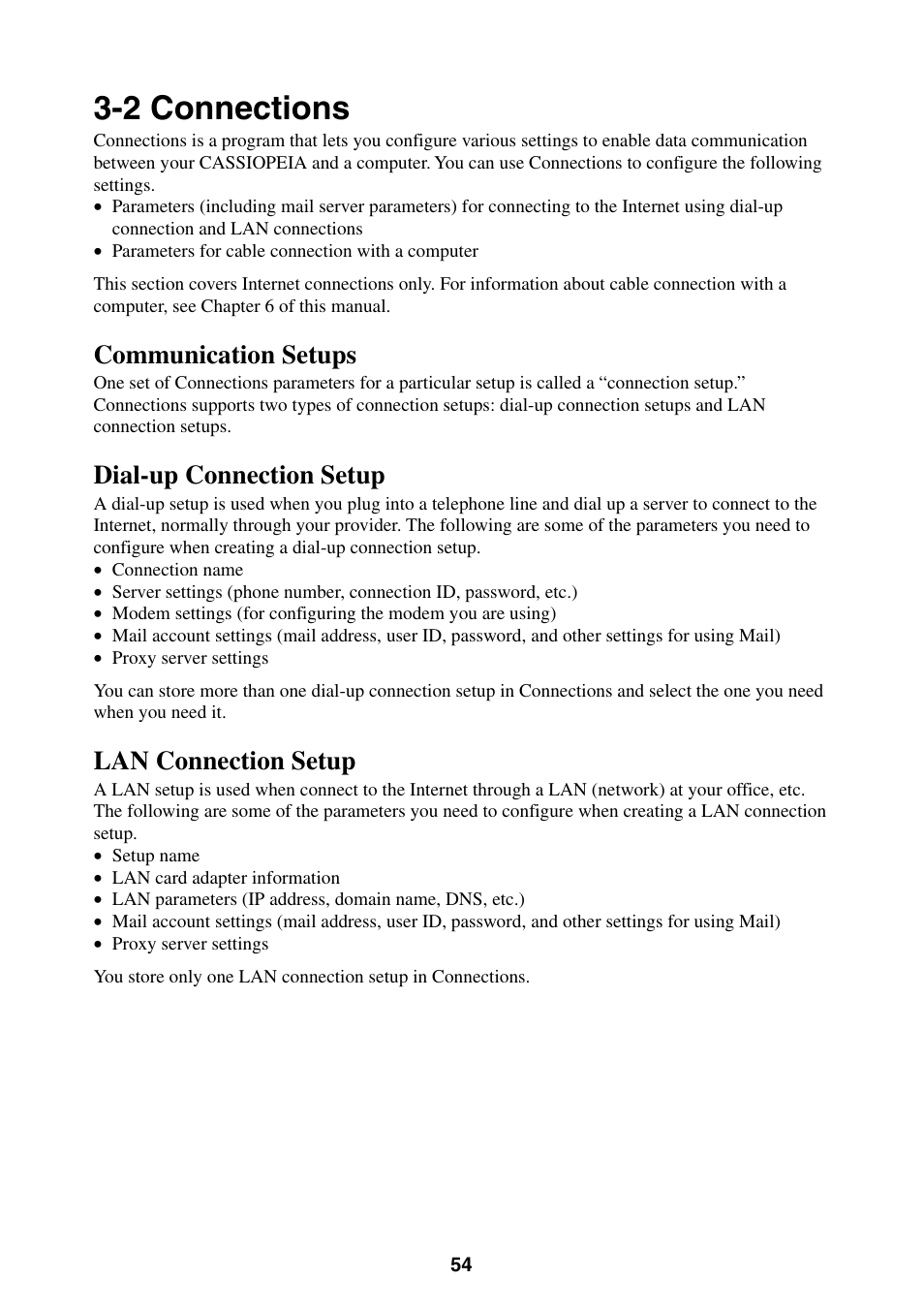 2 connections, Communication setups, Dial-up connection setup | Lan connection setup | Casio BE-300 User Manual | Page 54 / 163