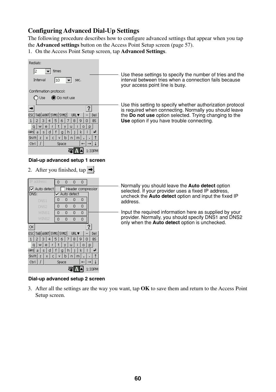 Configuring advanced dial-up settings | Casio BE-300 User Manual | Page 60 / 163