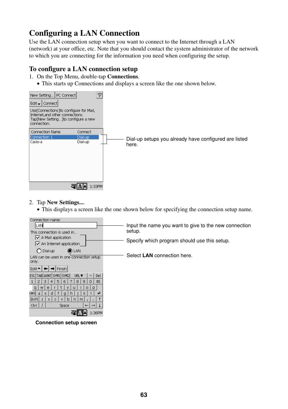 Configuring a lan connection | Casio BE-300 User Manual | Page 63 / 163