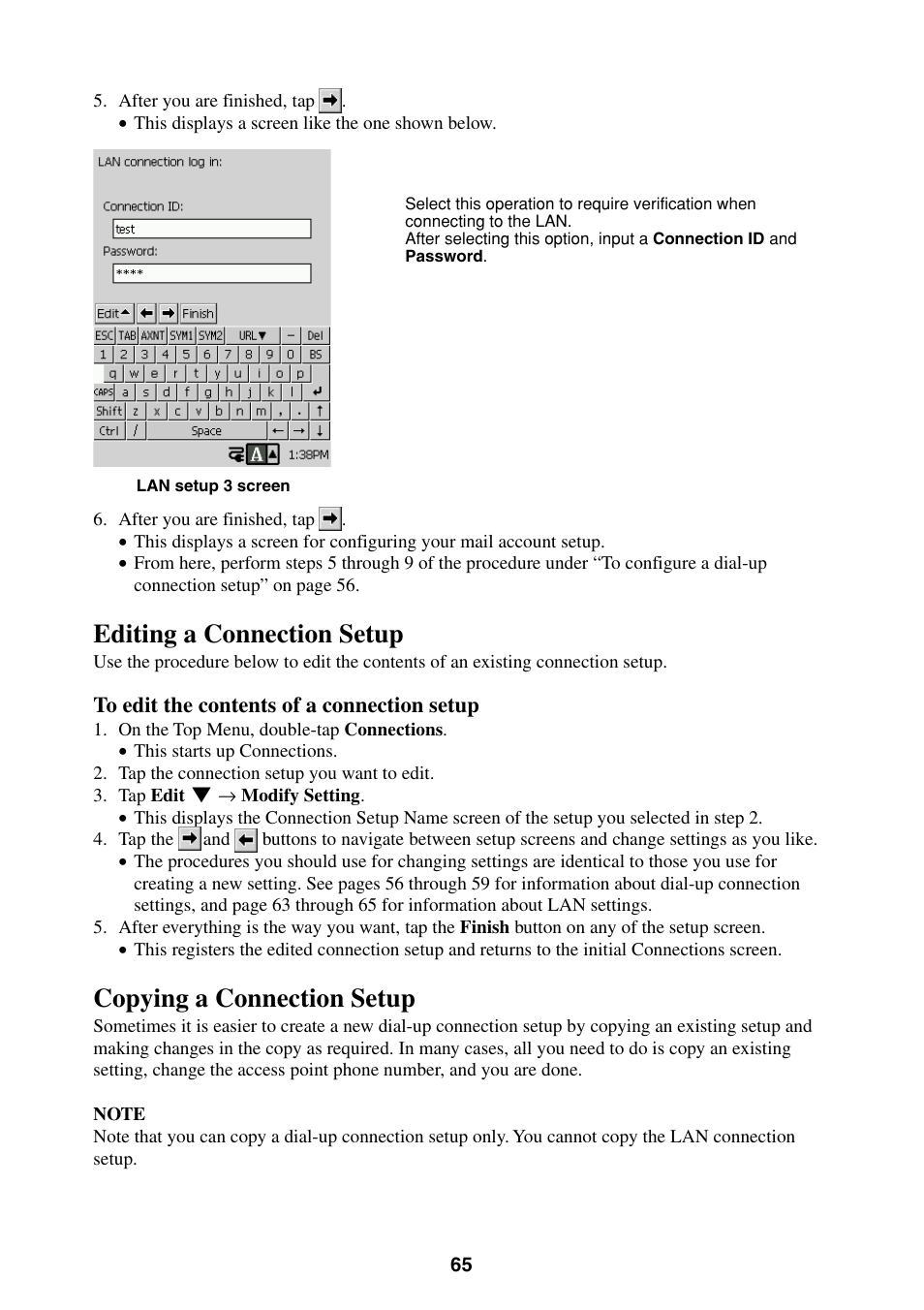 Editing a connection setup, Copying a connection setup | Casio BE-300 User Manual | Page 65 / 163