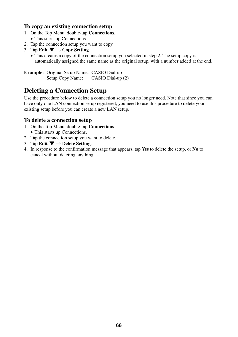 Deleting a connection setup | Casio BE-300 User Manual | Page 66 / 163