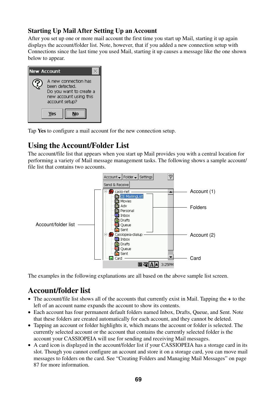 Using the account/folder list account/folder list, Using the account/folder list, Account/folder list | Casio BE-300 User Manual | Page 69 / 163