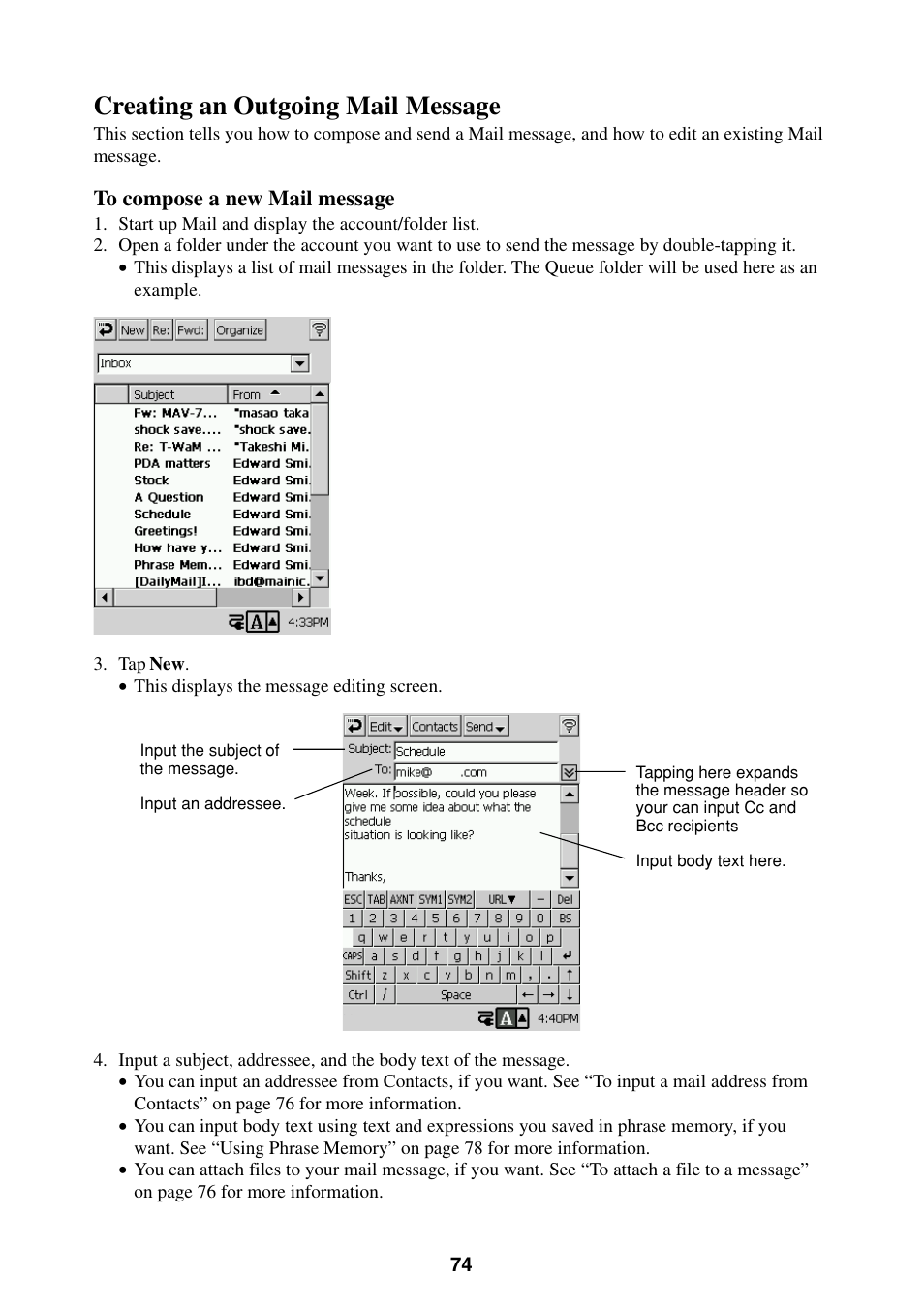 Creating an outgoing mail message | Casio BE-300 User Manual | Page 74 / 163