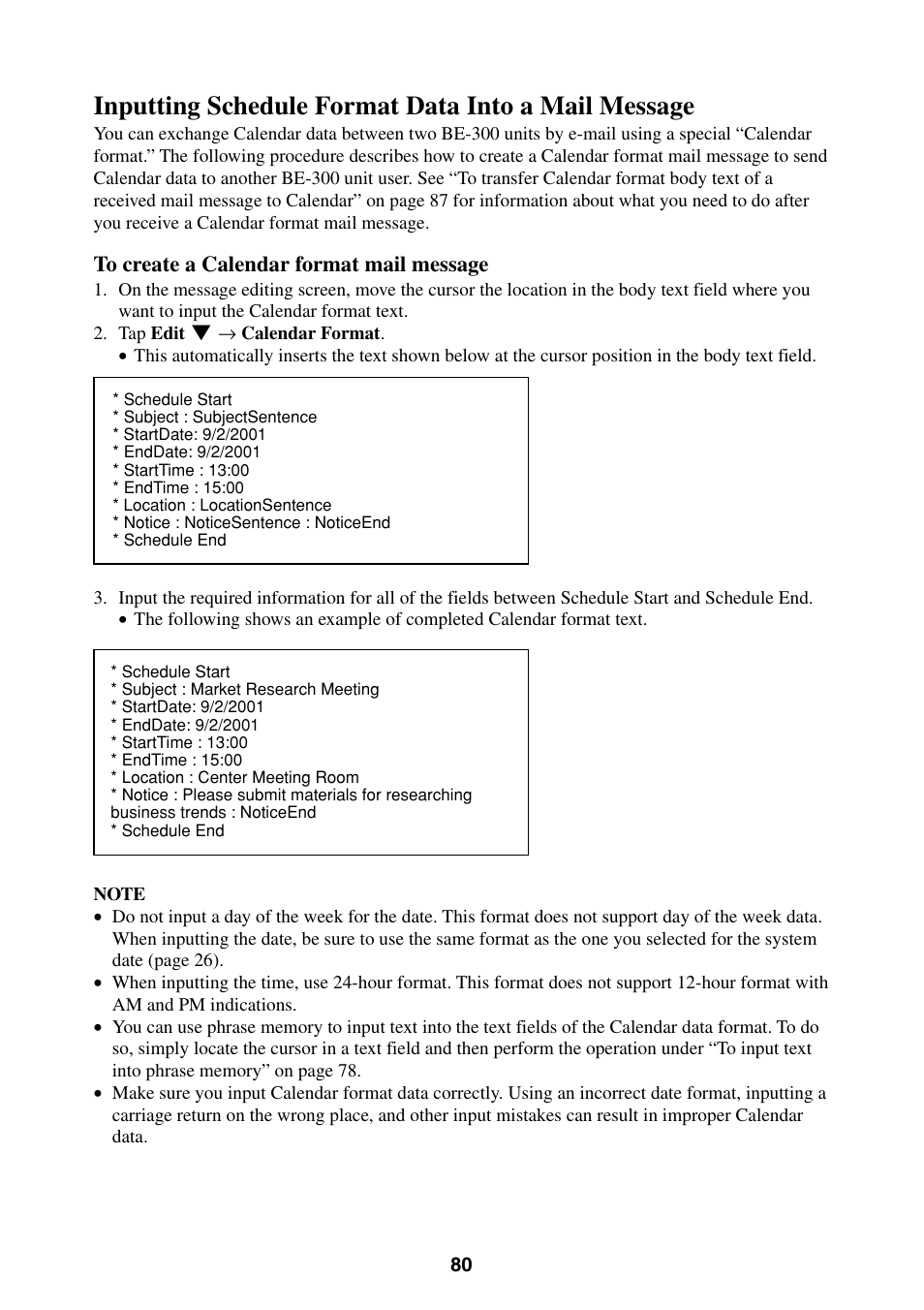 Inputting schedule format data into a mail message | Casio BE-300 User Manual | Page 80 / 163