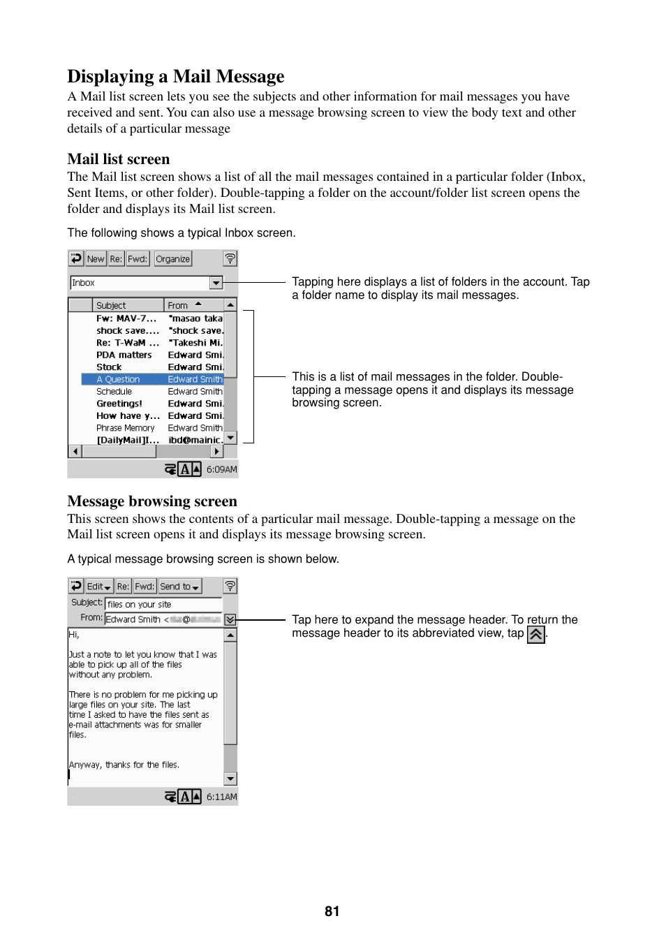Displaying a mail message | Casio BE-300 User Manual | Page 81 / 163