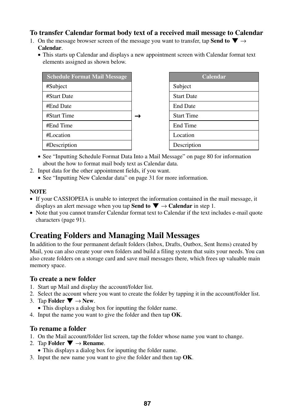 Creating folders and managing mail messages | Casio BE-300 User Manual | Page 87 / 163