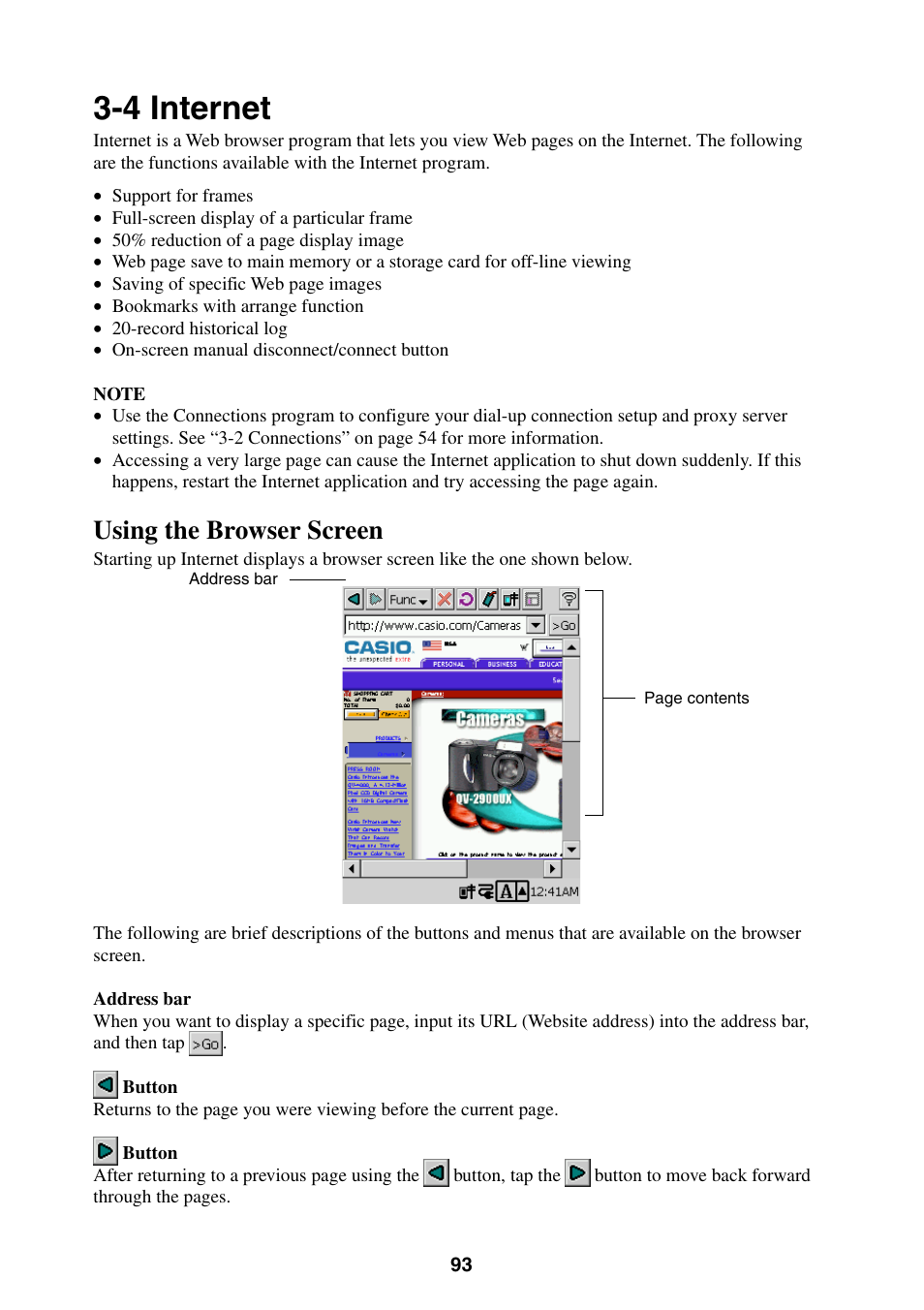 4 internet, Using the browser screen | Casio BE-300 User Manual | Page 93 / 163