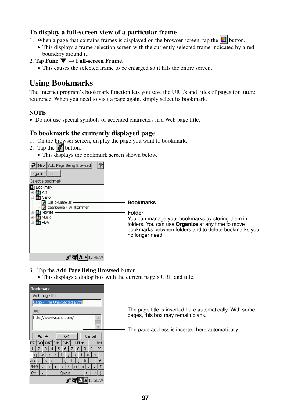 Using bookmarks | Casio BE-300 User Manual | Page 97 / 163