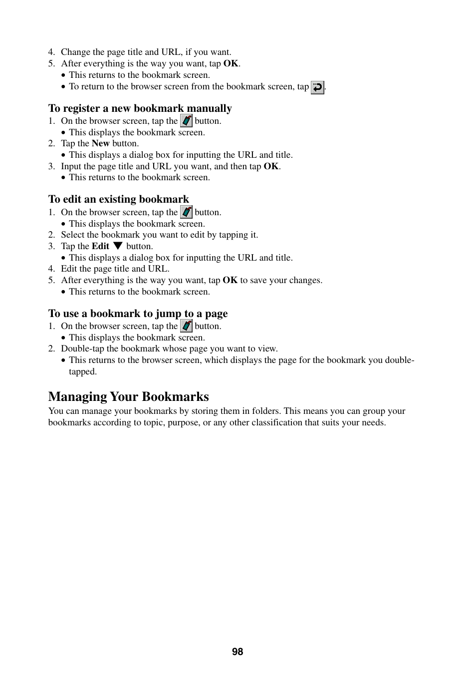 Managing your bookmarks | Casio BE-300 User Manual | Page 98 / 163