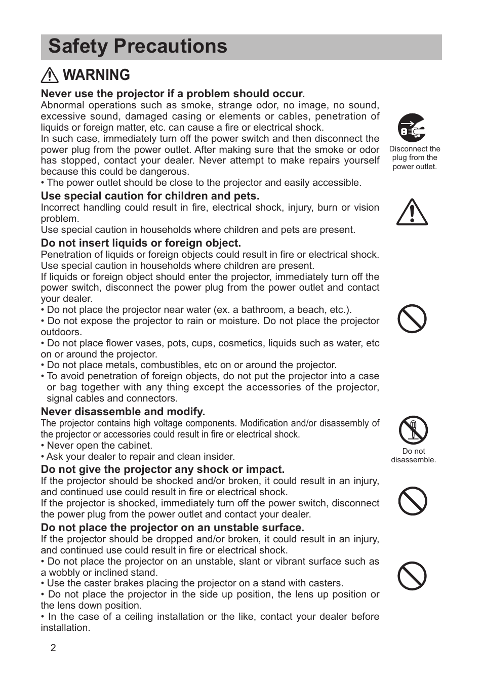 Safety precautions, Warning | Dukane Projector 8763 User Manual | Page 2 / 9