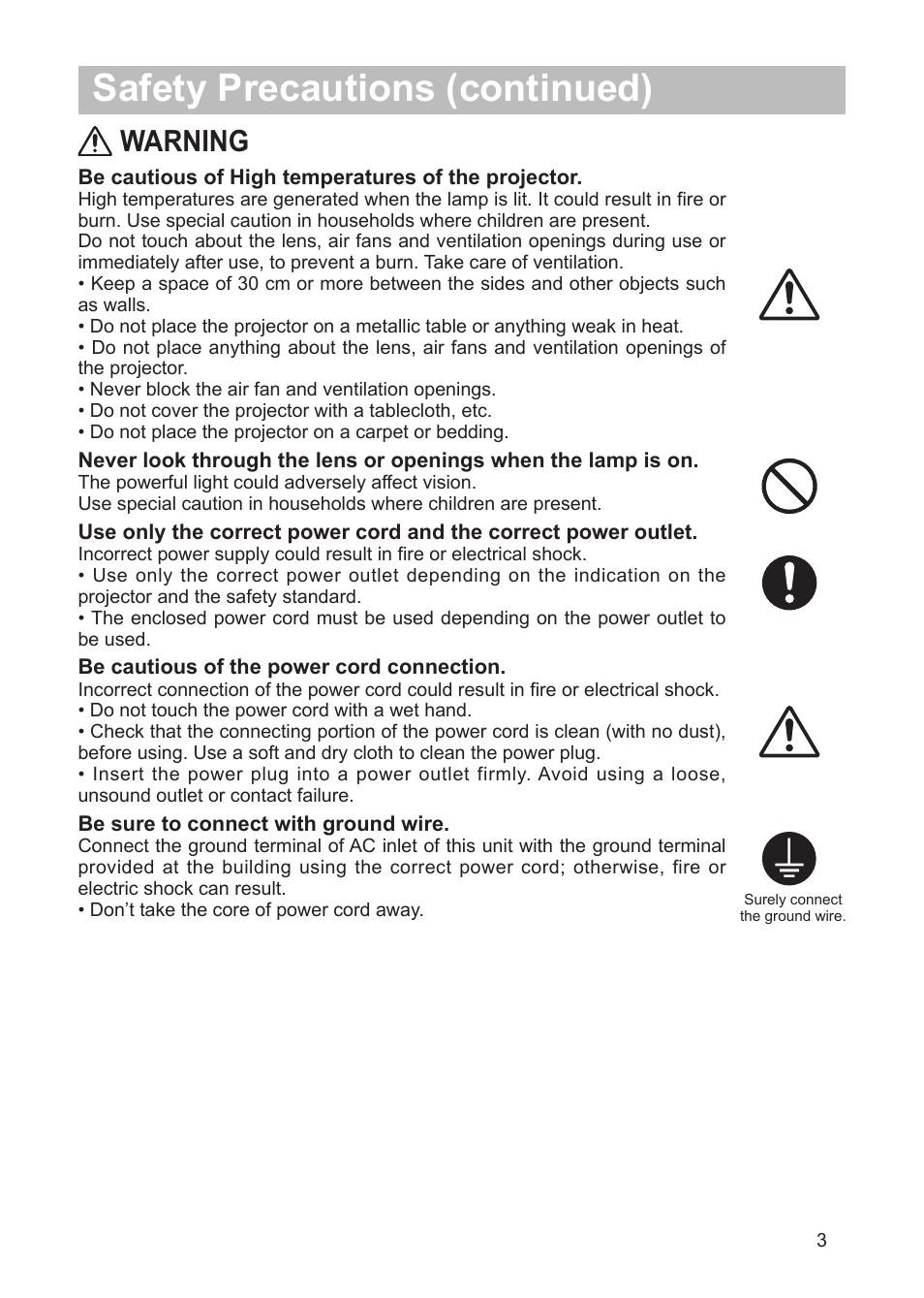 Safety precautions (continued), Warning | Dukane Projector 8763 User Manual | Page 3 / 9