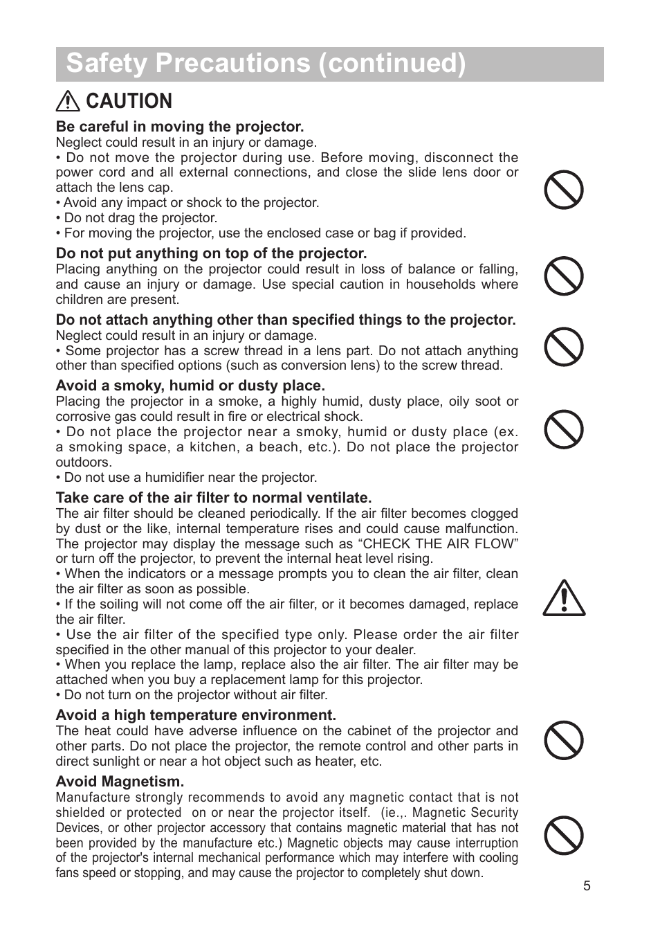 Safety precautions (continued), Caution | Dukane Projector 8763 User Manual | Page 5 / 9