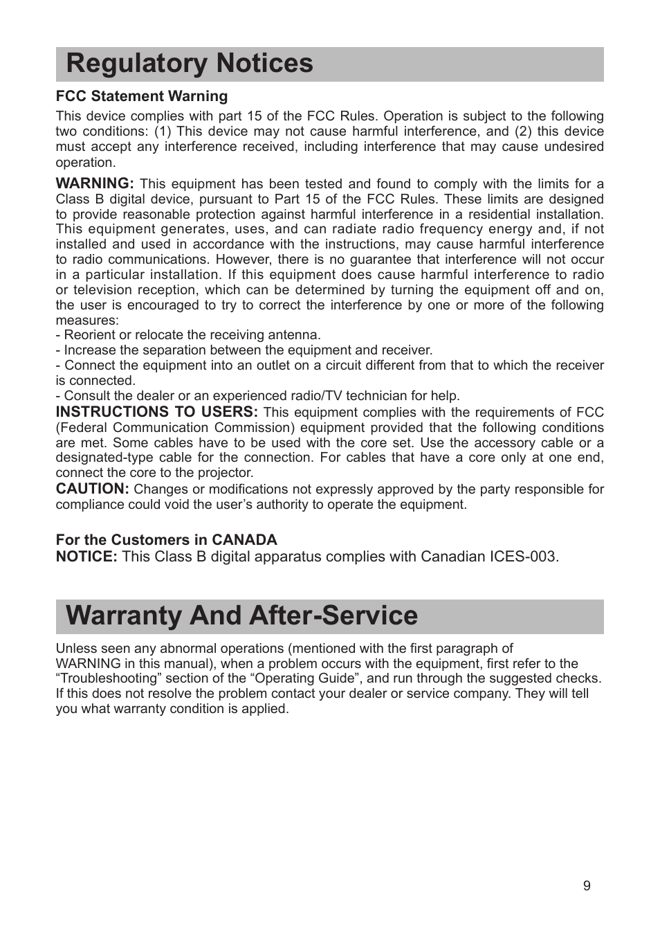 Regulatory notices, Warranty and after-service | Dukane Projector 8763 User Manual | Page 9 / 9