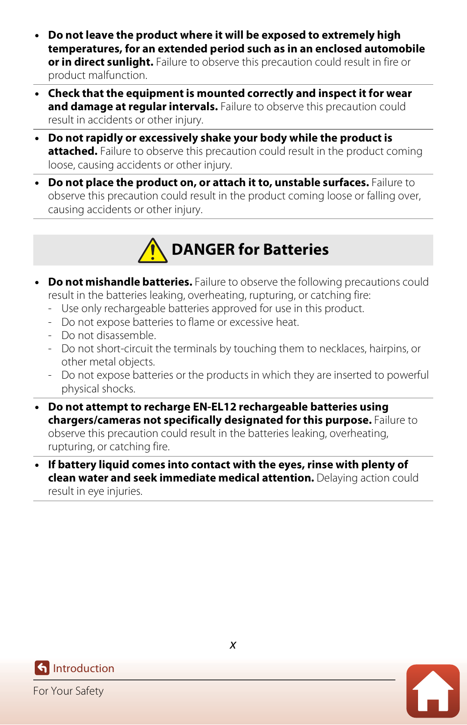 Danger for batteries | Nikon KeyMission 170 User Manual | Page 10 / 137