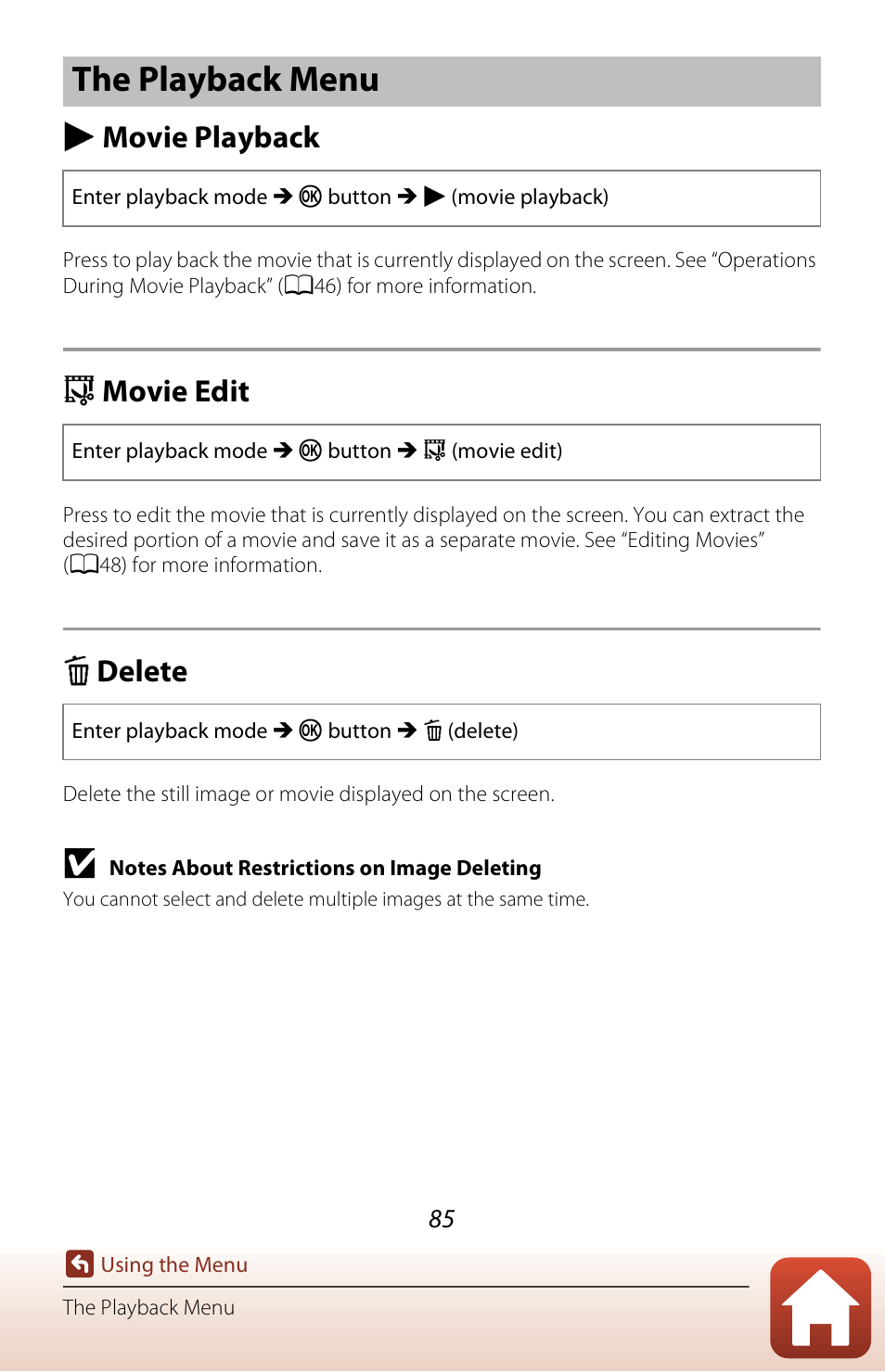 The playback menu, Movie playback, Movie edit | Delete, H movie playback, G movie edit, F delete | Nikon KeyMission 170 User Manual | Page 104 / 137