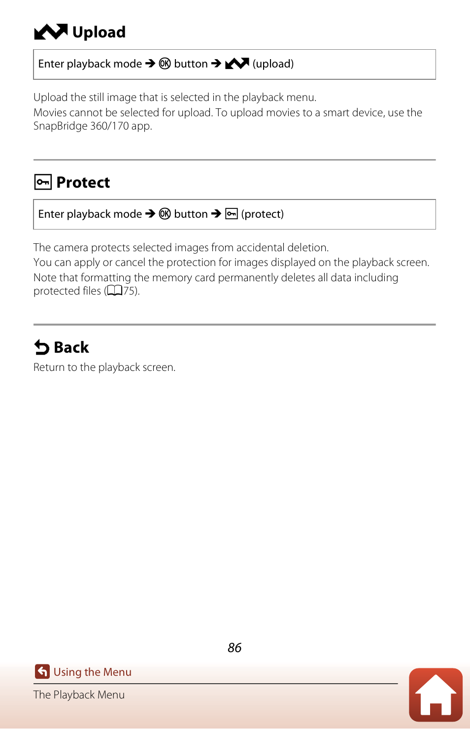 Upload, Protect, Back | J upload, I protect, E back | Nikon KeyMission 170 User Manual | Page 105 / 137