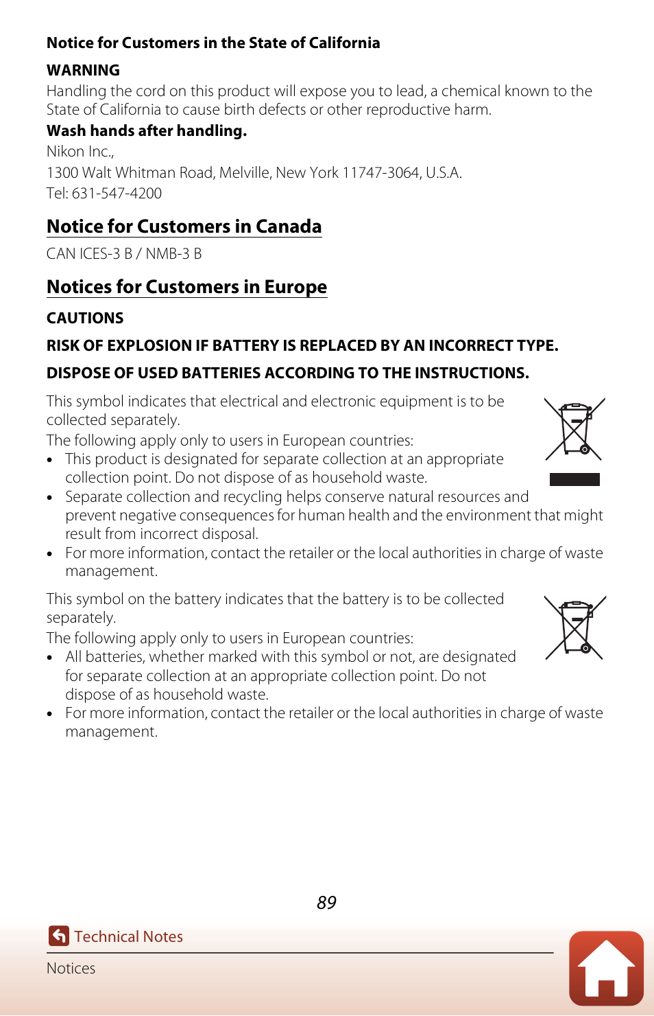 Notice for customers in canada, Notices for customers in europe | Nikon KeyMission 170 User Manual | Page 108 / 137