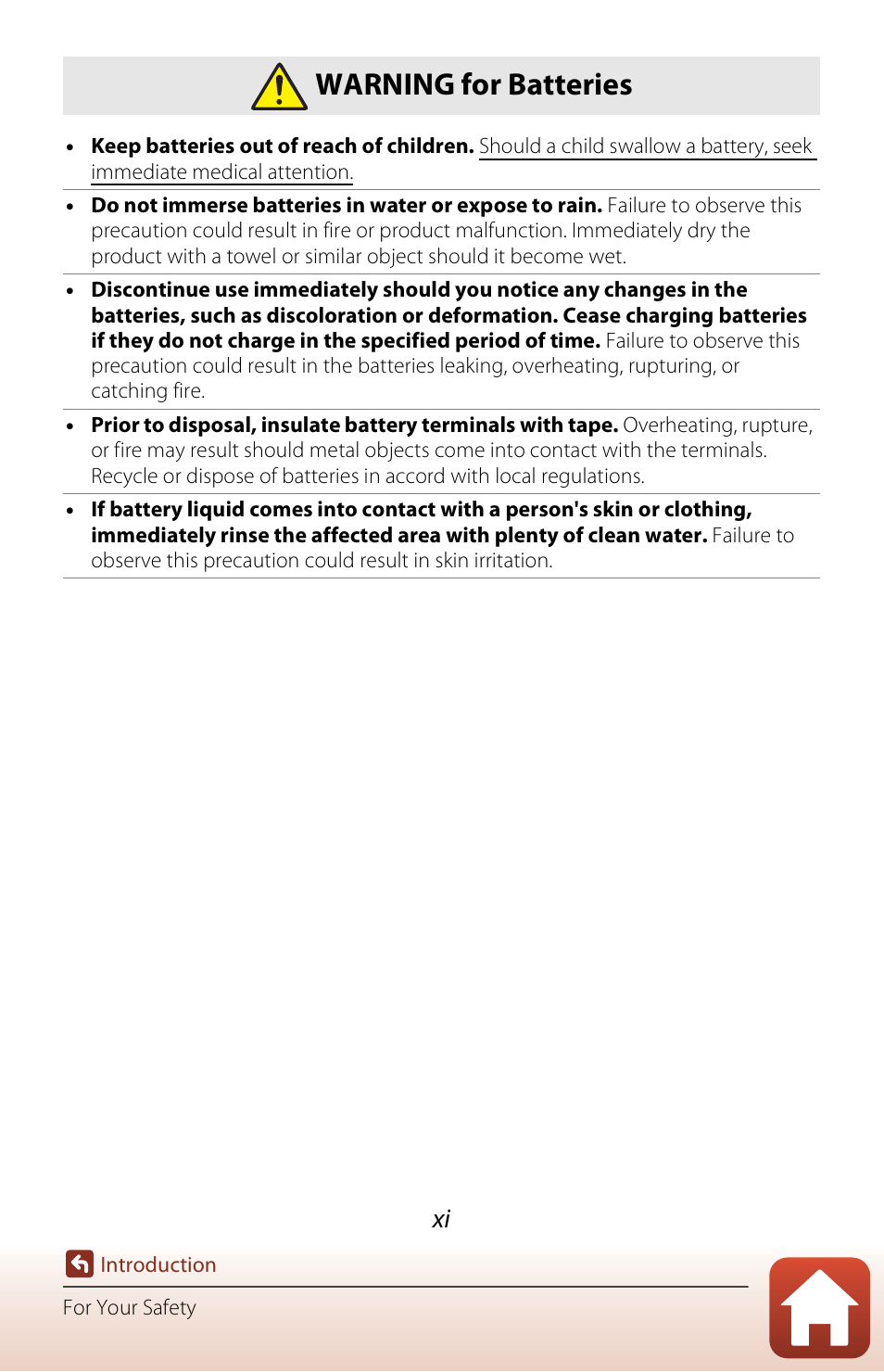 Warning for batteries | Nikon KeyMission 170 User Manual | Page 11 / 137