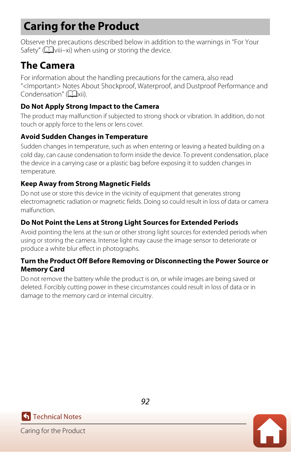 Caring for the product, The camera | Nikon KeyMission 170 User Manual | Page 111 / 137