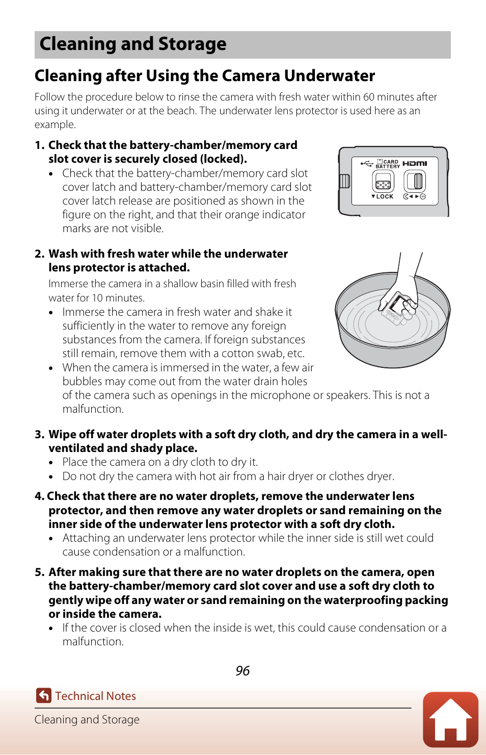 Cleaning and storage, Cleaning after using the camera underwater | Nikon KeyMission 170 User Manual | Page 115 / 137