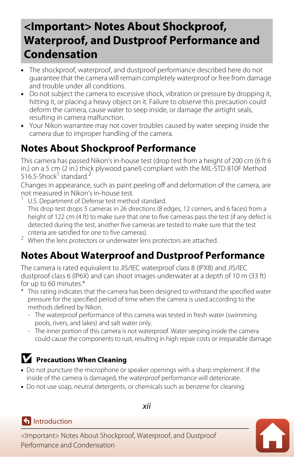 Notes about shockproof performance, Notes about waterproof and dustproof performance, E xii) | Nikon KeyMission 170 User Manual | Page 12 / 137